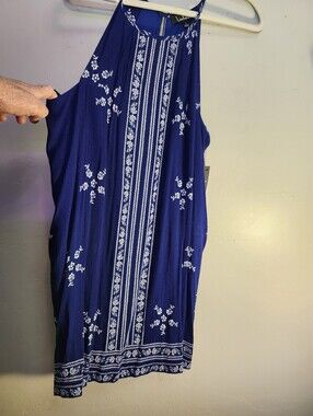 Lulus  Royal Blue Halter Midi Dress with White Print Embroidery NWT